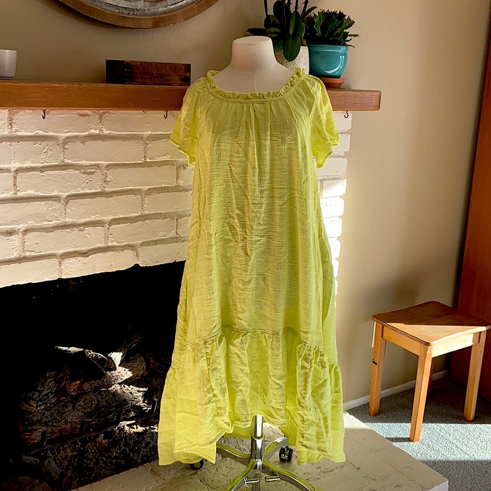 Anthropologie Maeve Selah Midi Smock with Ruffle Hem Dress/Lime/S Petite